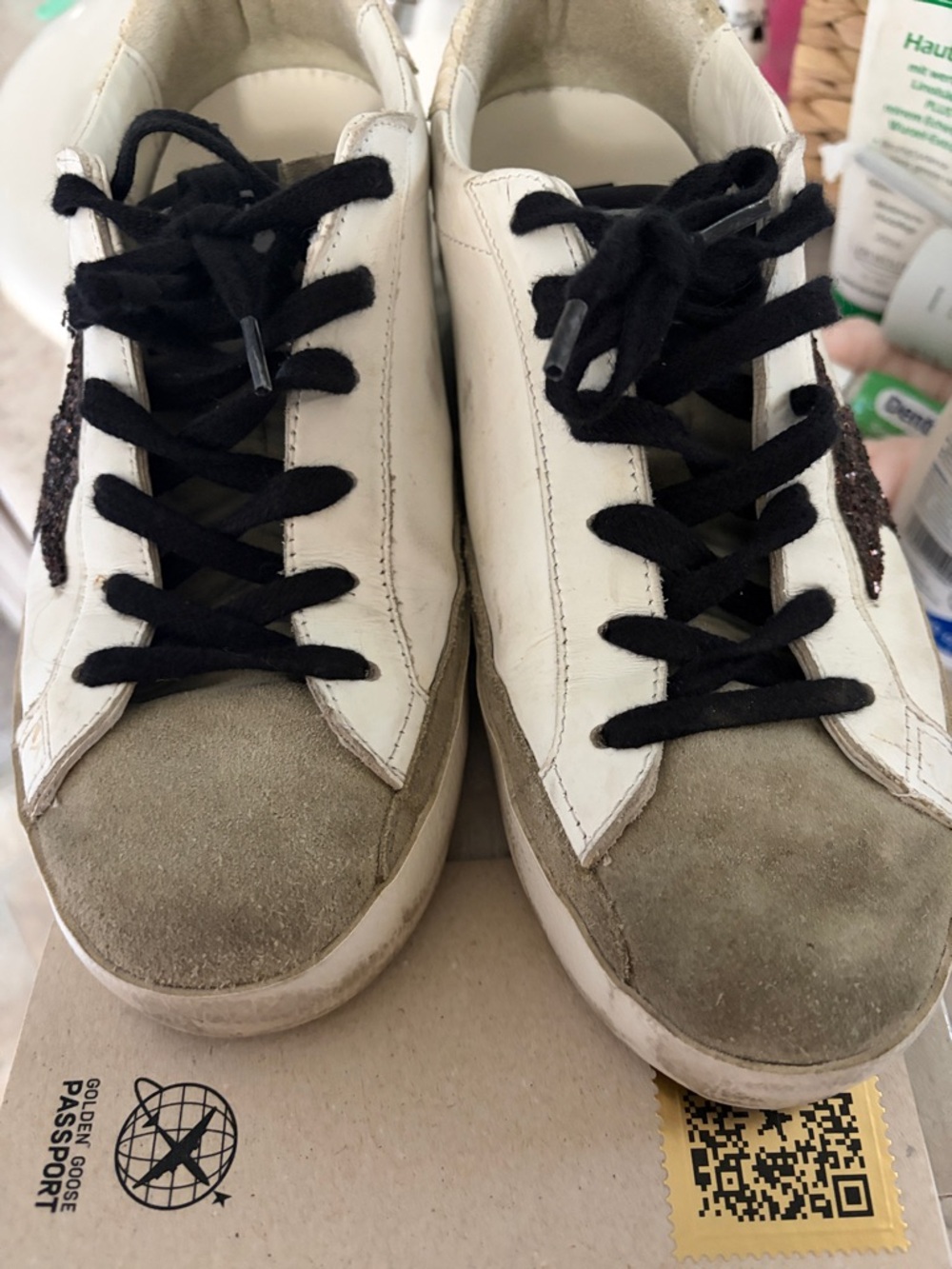Golden Goose White Leather Sneakers with Black Laces and Brown Glitter Star